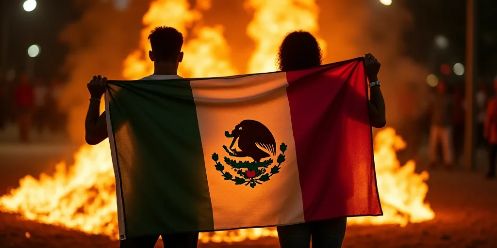 a man holding a mexican flag standing in front of a fire with a mexican flag on it's chest, Estuardo