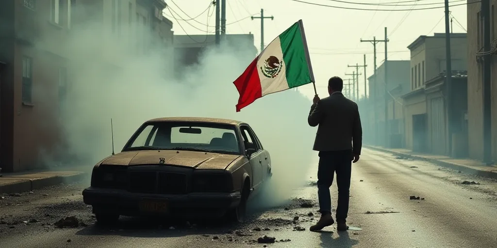 a man holding a mexican flag standing next to a burned car in a street with smoke coming out of it,
