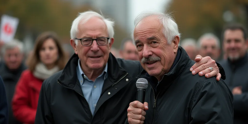 a man holding a microphone and a man with a mustache standing next to each other in front of a crowd