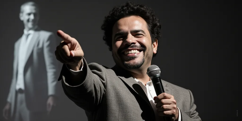 a man holding a microphone in his right hand and pointing it at the camera with a smile on his face,