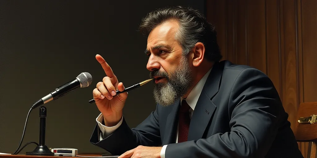 a man holding a pen and pointing to it with a finger in his mouth while sitting at a microphone, Car