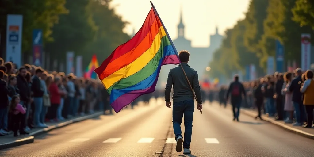 a man holding a rainbow flag in a parade with people watching from the sidelines of the road and a m