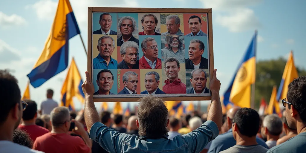 a man holding a sign with a bunch of political pictures on it with a man holding a flag in front of