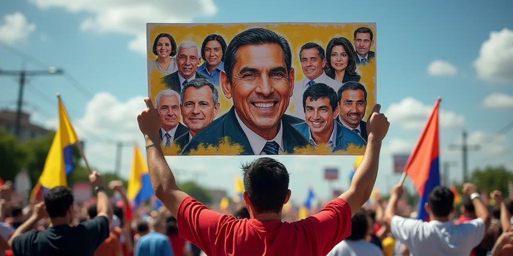 a man holding a sign with a bunch of political pictures on it with a man holding a flag in front of