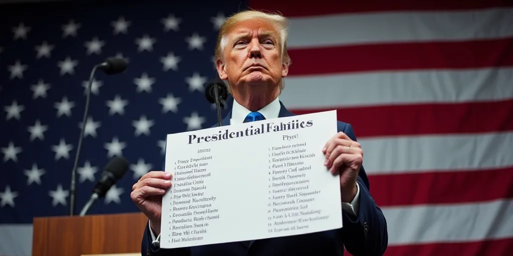 a man holding a sign with a list of presidential families on it in front of a microphone and america