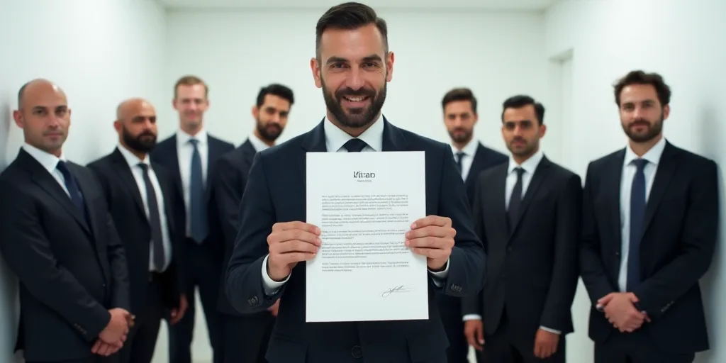 a man holding a signed document in front of a group of people in suits and ties in a white room, Dan
