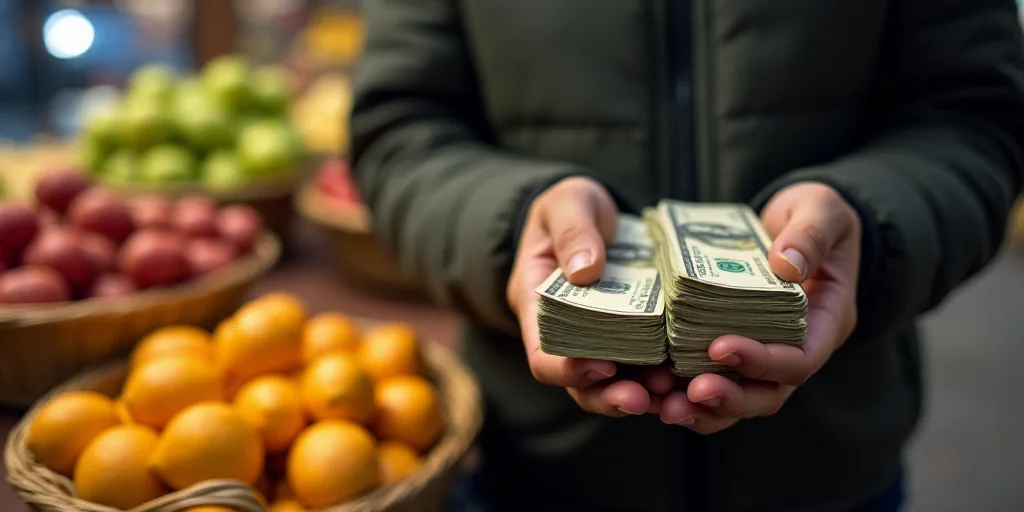 a man holding a stack of money in his hands next to a fruit stand with fruit on display in baskets,