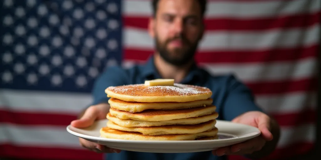 a man holding a stack of pancakes in front of an american flag and a flag of the united states, Aqui