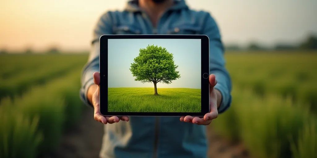 a man holding a tablet with a picture of a tree on it in a field of crops, with a picture of a tree