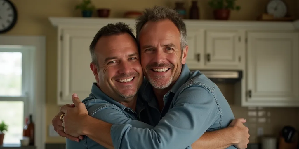 a man hugging another man in the kitchen with a smile on his face and a clock on the wall, Dennis As