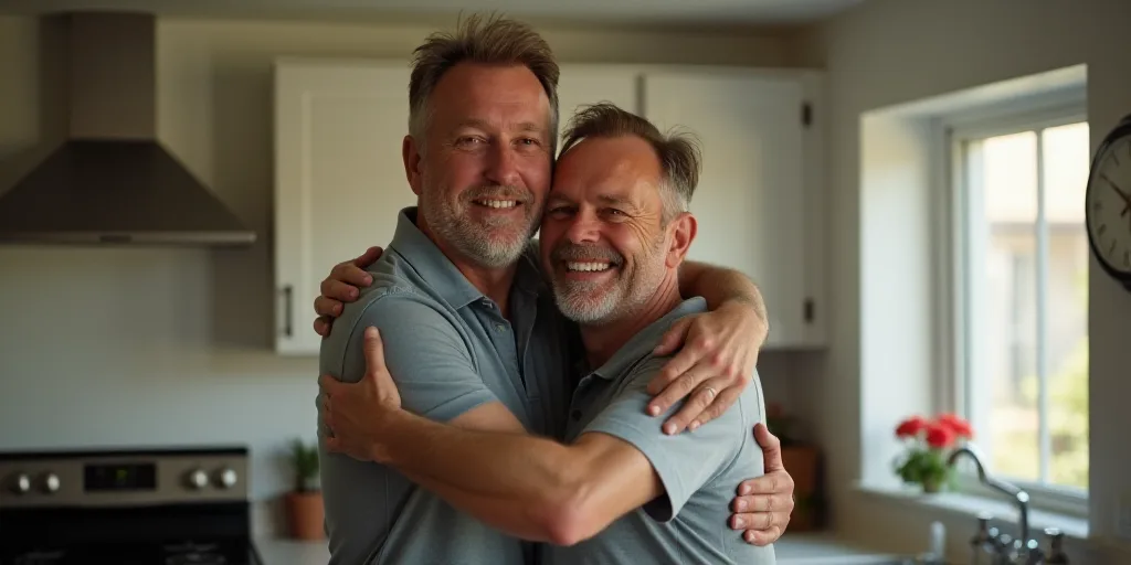 a man hugging another man in the kitchen with a smile on his face and a clock on the wall, Dennis As