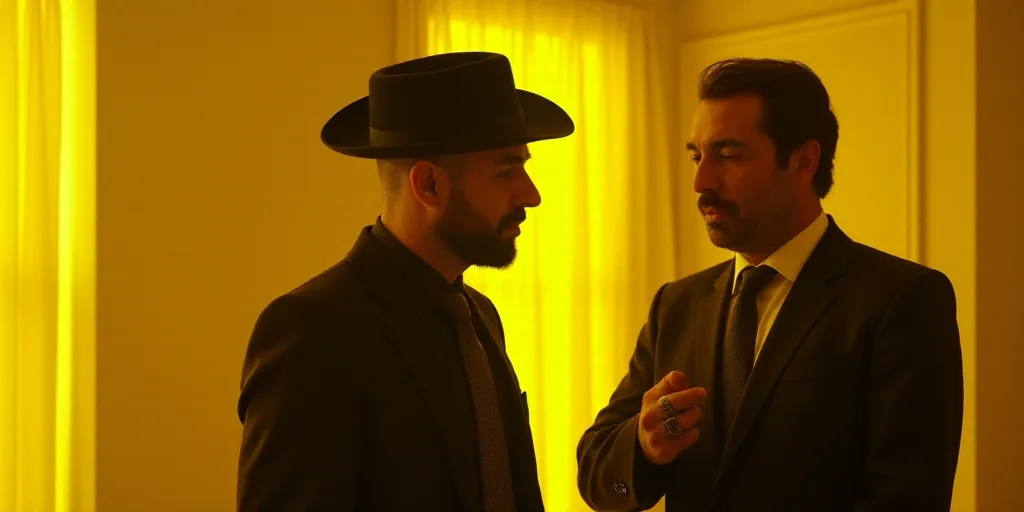 a man in a black hat and a man in a suit and tie in a yellow room with curtains, Enki Bilal, ue 5, a