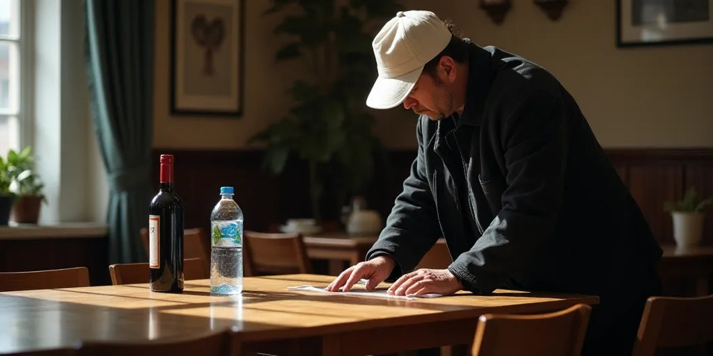 a man in a black jacket and a white hat is cleaning a table with a bottle of water and a bottle of w