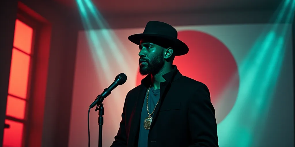 a man in a black jacket and hat standing in front of a flag and a window with a microphone, Enki Bil