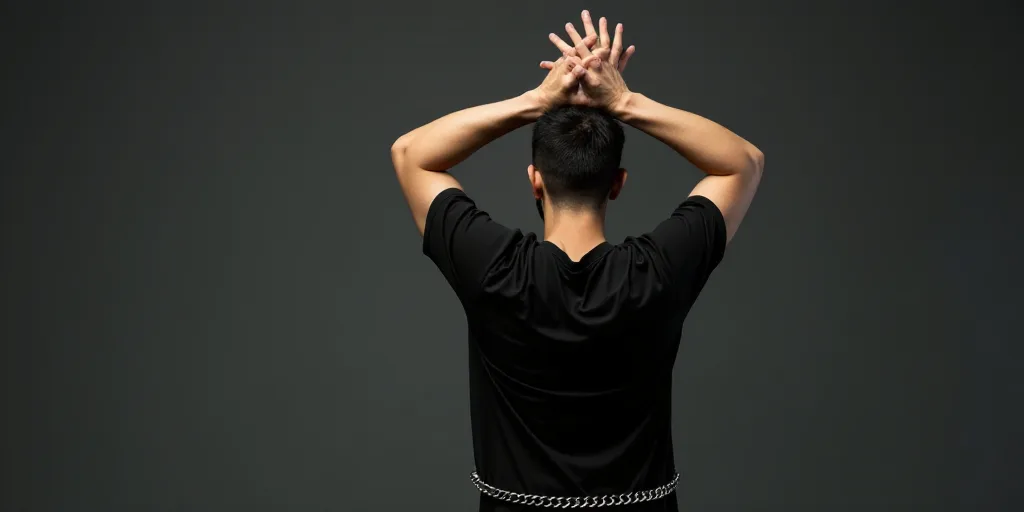 a man in a black shirt holding his hands together with a chain around his ankles and his hands in th