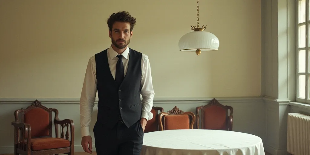 a man in a black vest and tie standing over a table with chairs and a white table with a white table