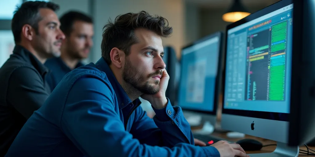 a man in a blue jacket is looking at a computer screen while two other men look on in the background