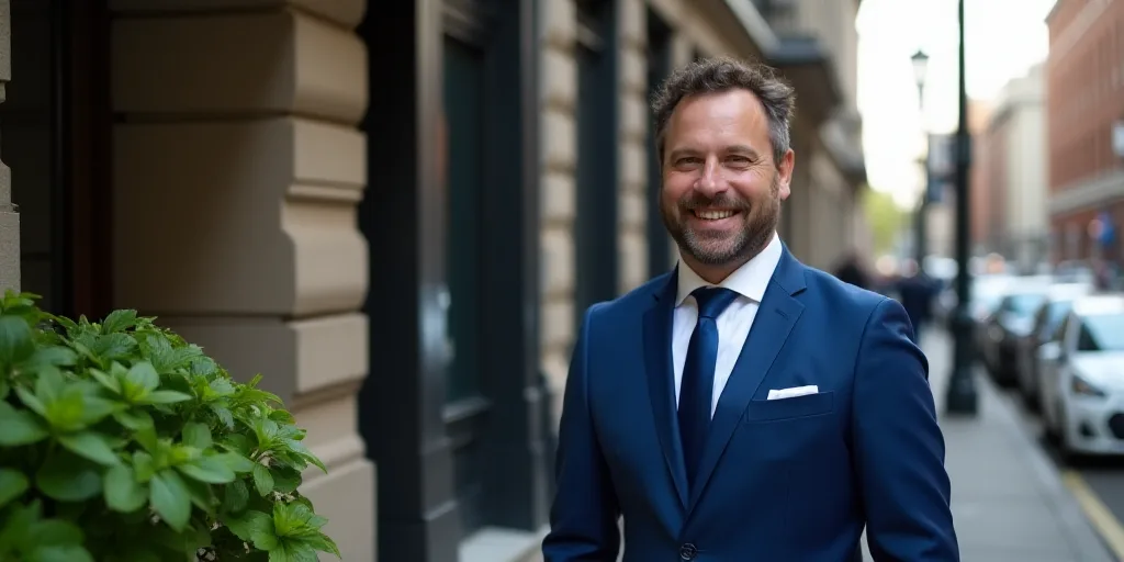a man in a blue suit standing in front of a building on a city street with a green plant, Aaron Bohr