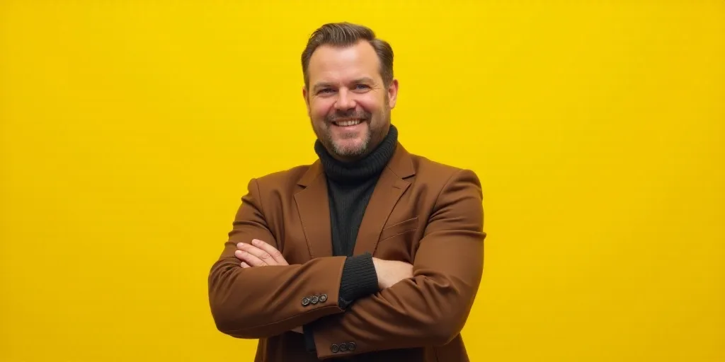 a man in a brown jacket is smiling for the camera with his arms crossed and his arms crossed, with a