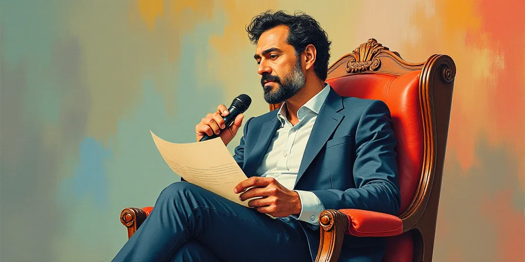 a man in a chair holding a paper and a microphone in his hand and a microphone in his other hand, Ca