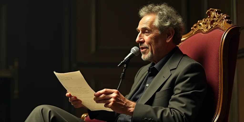a man in a chair with a microphone and a paper in his hand and a microphone in his mouth, Carlo Criv