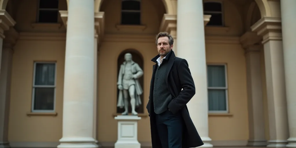 a man in a coat standing in front of a building with columns and a statue of a man in front of it, C