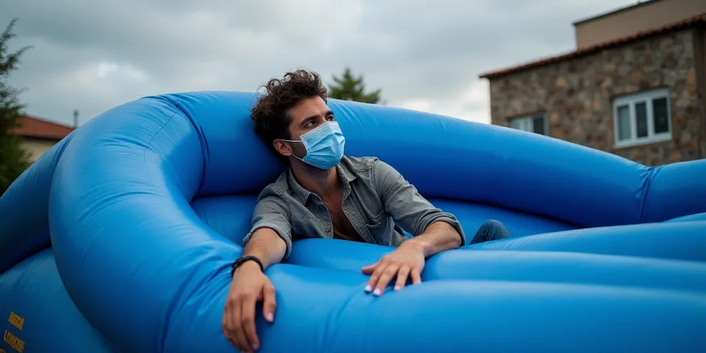 a man in a face mask is laying on a blue inflatable structure with a sign on it, Ceferí Olivé, bio