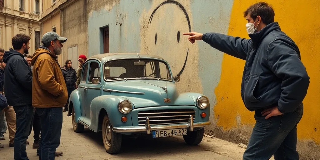 a man in a face mask is pointing at a car with a smiley face drawn on it while people watch, Ceferí