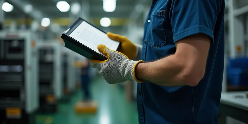 a man in a factory with a pair of safety gloves on his hands and a book in his hand, Andries Stock,