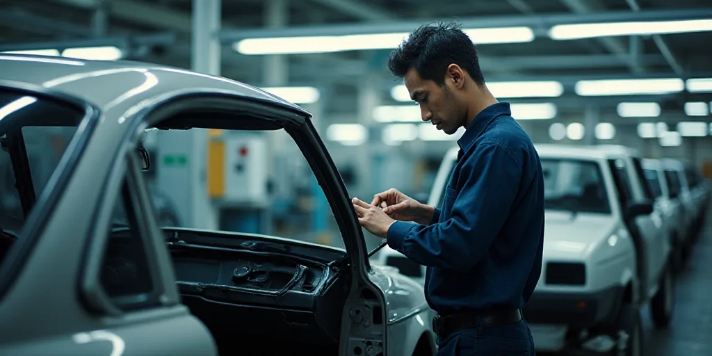 a man in a factory working on a car in the process of assembly, with other cars in the background, C