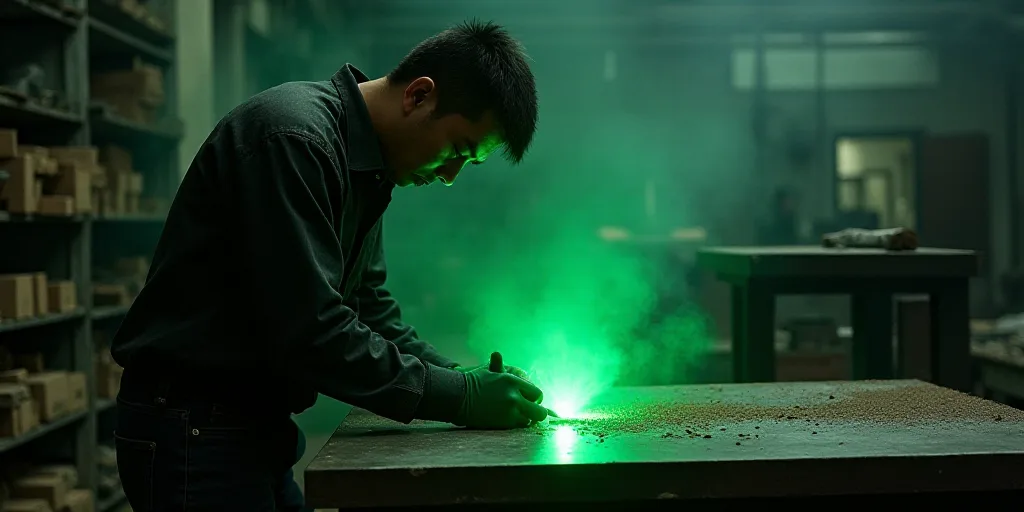 a man in a factory working on a piece of metal with a bright green light coming from the top, Cao Zh