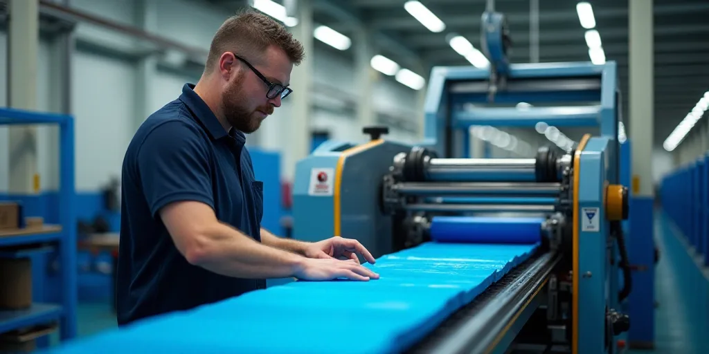 a man in a factory working on a machine with a blue floor and a blue conveyor belt behind him, Chris