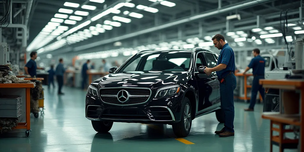 a man in a factory working on a car in the process of assembly and assembly line with workers lookin