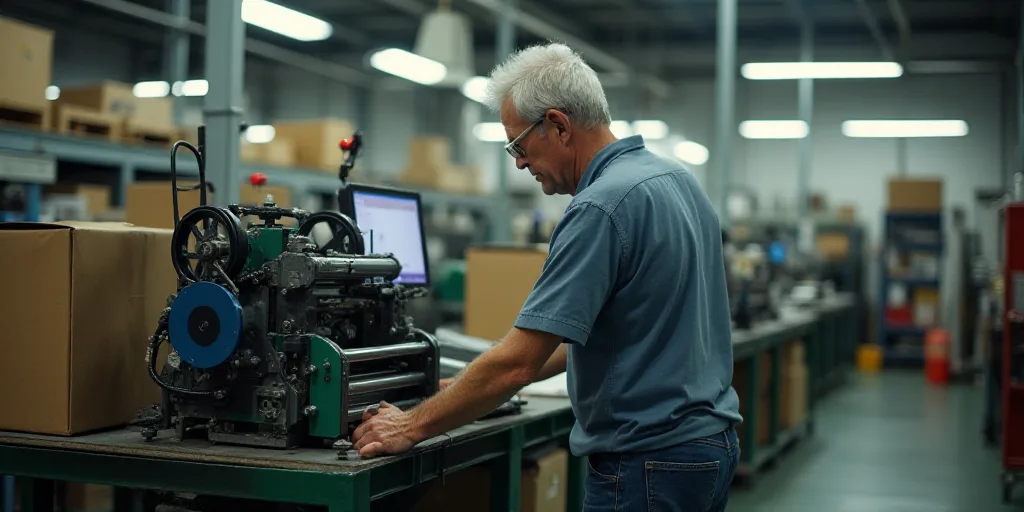 a man in a factory working on a machine with a box on it's back and a box on the other side, Doug Oh