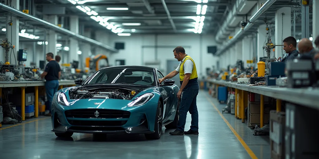 a man in a factory working on a car in a factory area with other workers nearby and a worker in a ye
