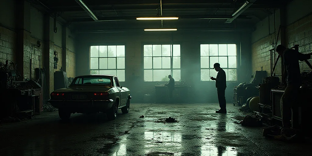 a man in a garage working on a car in a garage with a man standing next to it and another man standi