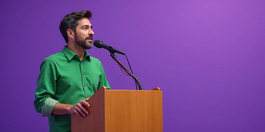 a man in a green shirt giving a speech at a podium with a microphone in front of him and a purple ba