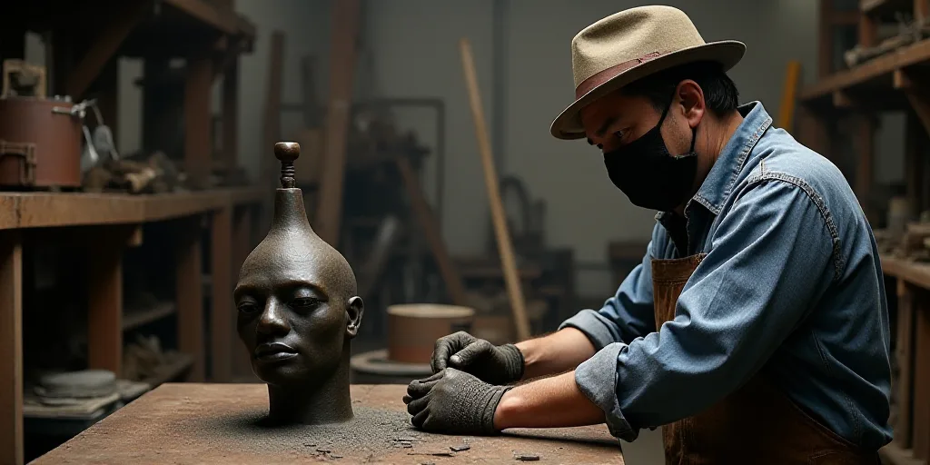 a man in a hat and a face mask working on a metal object in a factory or workshop area, Dave Arredon