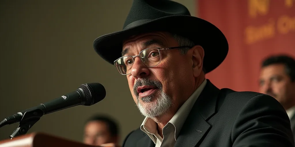 a man in a hat and glasses speaking at a podium with other people behind him and a microphone in fro