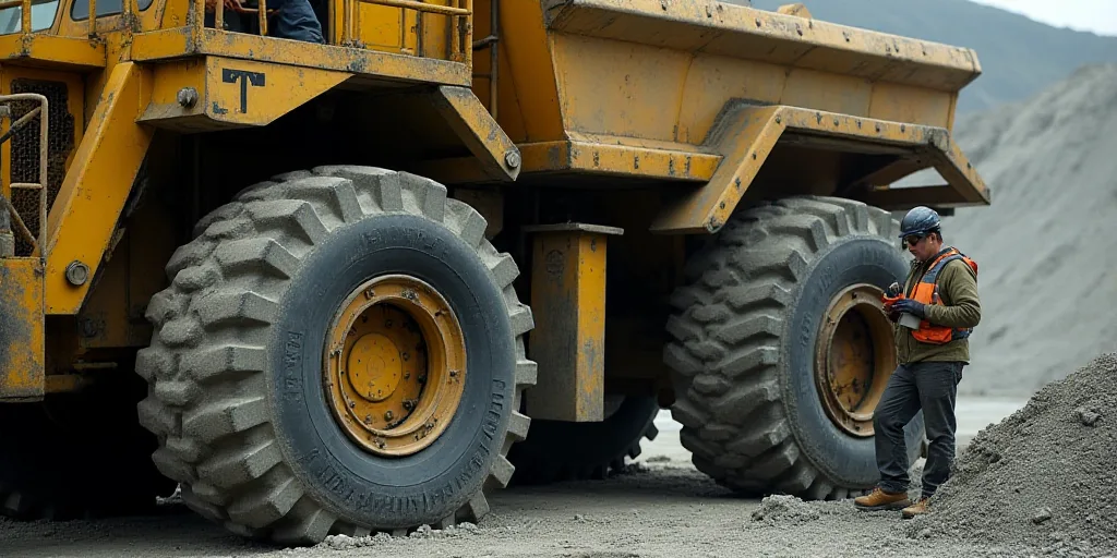 a man in a helmet and safety gear working on a machine in a mine area with a large yellow machine, C