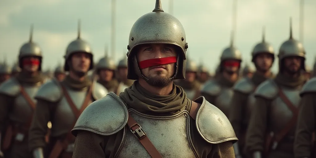 a man in a helmet is standing in front of a line of soldiers with a flag on his face, Elbridge Ayer