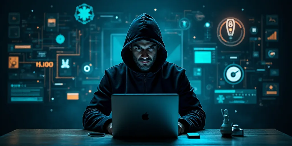 a man in a hooded jacket using a laptop computer surrounded by futuristic technology and symbols on