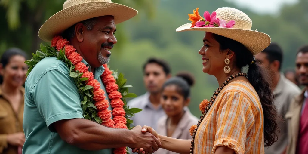 a man in a lei and a woman in a hat are shaking hands with each other at a ceremony, Federico Uribe,