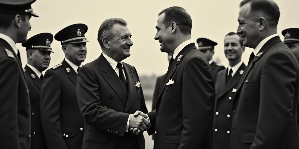 a man in a military uniform shaking hands with a man in a suit and tie in front of a group of other