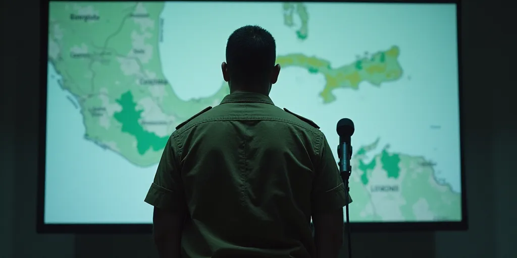 a man in a military uniform standing in front of a map and microphone in front of a screen with a ma