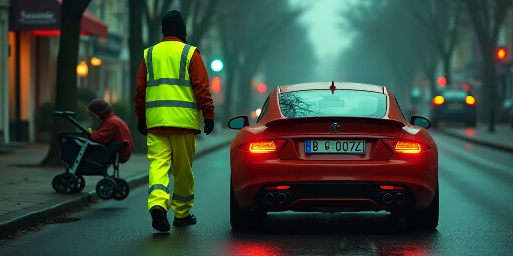 a man in a neon vest and reflective pants walking past a car with a baby carriage in the back, Évar