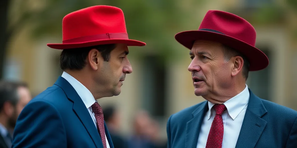 a man in a red hat talking to another man in a blue suit and tie and a red hat, Andries Stock, ue 5,