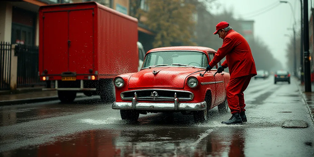 a man in a red suit is washing a red car in a flooded street with a red truck behind him, David Alfa