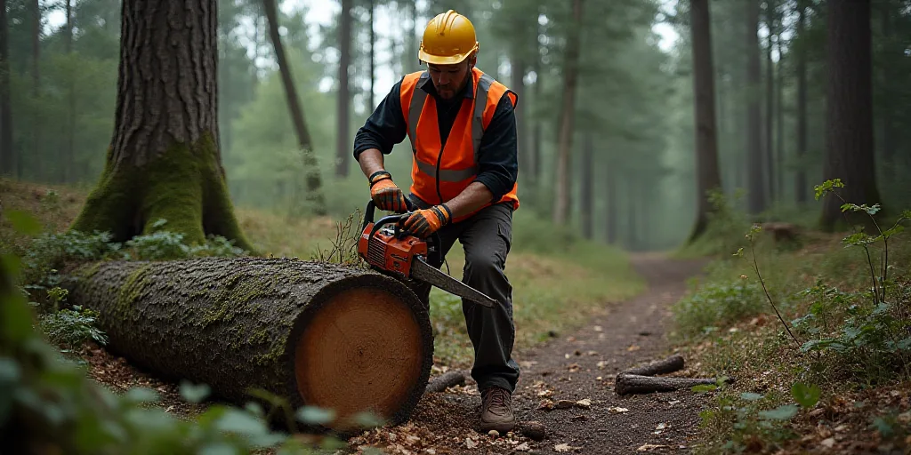 a man in a safety vest is cutting a tree with a chainsaw in the woods with a chainsaw, Avgust Černi