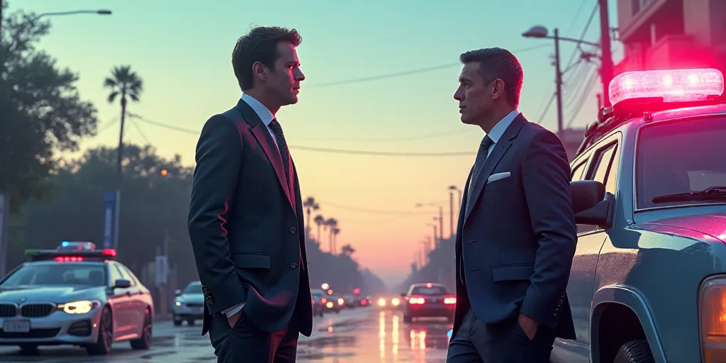 a man in a suit and a man in a suit stand next to a police vehicle and talk to each other, Aquirax U